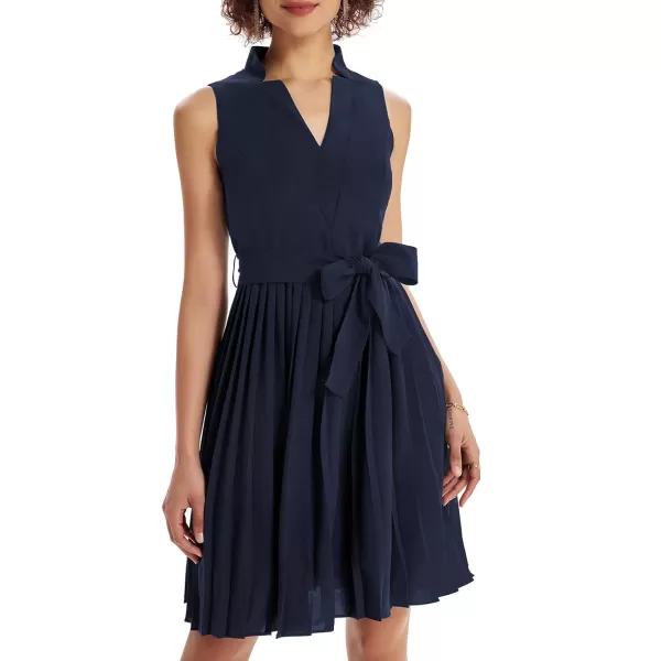 GRACE KARIN Women Elegant Pleated Swing Dress Solid Sleeveless VNeck Work DressNavy Blue