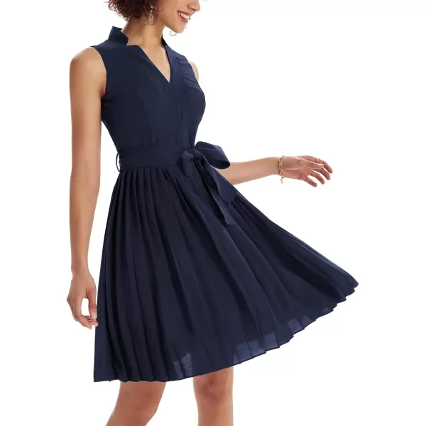 GRACE KARIN Women Elegant Pleated Swing Dress Solid Sleeveless VNeck Work DressNavy Blue