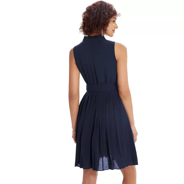 GRACE KARIN Women Elegant Pleated Swing Dress Solid Sleeveless VNeck Work DressNavy Blue