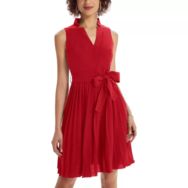 GRACE KARIN Women Elegant Pleated Swing Dress Solid Sleeveless VNeck Work DressRed