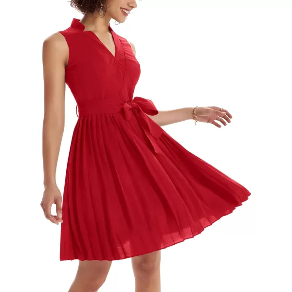 GRACE KARIN Women Elegant Pleated Swing Dress Solid Sleeveless VNeck Work DressRed