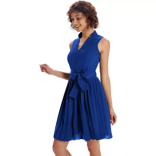 GRACE KARIN Women Elegant Pleated Swing Dress Solid Sleeveless VNeck Work DressRoyal Blue