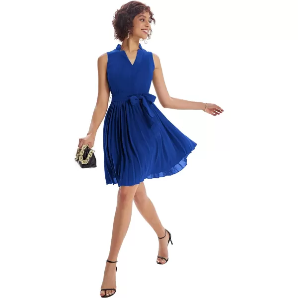 GRACE KARIN Women Elegant Pleated Swing Dress Solid Sleeveless VNeck Work DressRoyal Blue