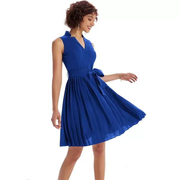 GRACE KARIN Women Elegant Pleated Swing Dress Solid Sleeveless VNeck Work DressRoyal Blue