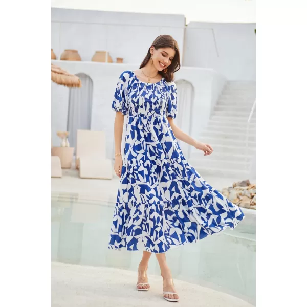 GRACE KARIN Women Floral Aline Dress 2024 Casual Crew Neck Puff Sleeve Smocked Maxi DressBlue Flower