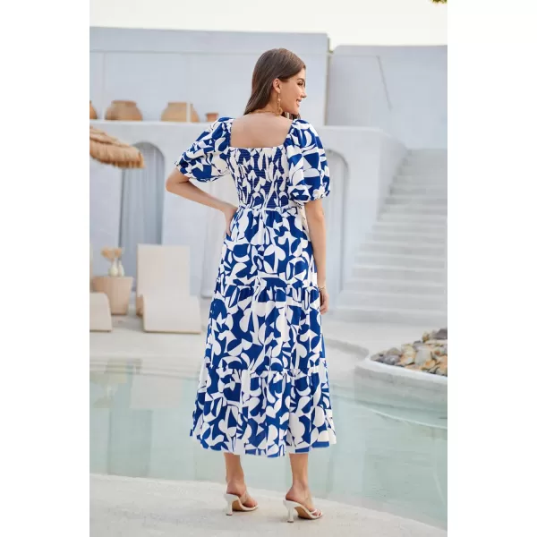 GRACE KARIN Women Floral Aline Dress 2024 Casual Crew Neck Puff Sleeve Smocked Maxi DressBlue Flower