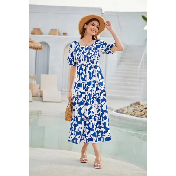 GRACE KARIN Women Floral Aline Dress 2024 Casual Crew Neck Puff Sleeve Smocked Maxi DressBlue Flower