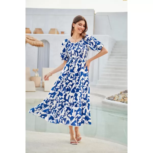 GRACE KARIN Women Floral Aline Dress 2024 Casual Crew Neck Puff Sleeve Smocked Maxi DressBlue Flower