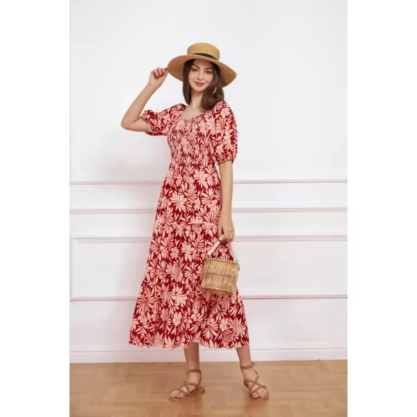 GRACE KARIN Women Floral Aline Dress 2024 Casual Crew Neck Puff Sleeve Smocked Maxi DressOrange Flower