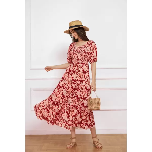 GRACE KARIN Women Floral Aline Dress 2024 Casual Crew Neck Puff Sleeve Smocked Maxi DressOrange Flower