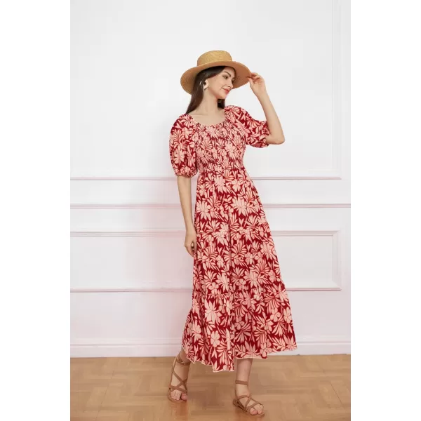 GRACE KARIN Women Floral Aline Dress 2024 Casual Crew Neck Puff Sleeve Smocked Maxi DressOrange Flower