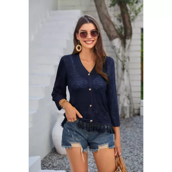 GRACE KARIN Women Fringed Cardigan 2024 Boho Hollowed Out Crochet Knit Shrug 34 Sleeve VNeck Cardigan Top with ButtonNavy Blue