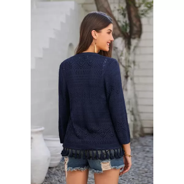 GRACE KARIN Women Fringed Cardigan 2024 Boho Hollowed Out Crochet Knit Shrug 34 Sleeve VNeck Cardigan Top with ButtonNavy Blue