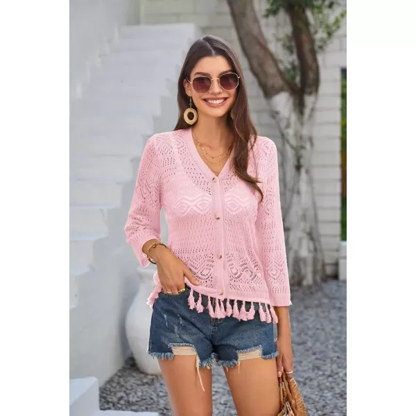 GRACE KARIN Women Fringed Cardigan 2024 Boho Hollowed Out Crochet Knit Shrug 34 Sleeve VNeck Cardigan Top with ButtonPink