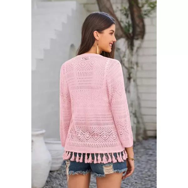 GRACE KARIN Women Fringed Cardigan 2024 Boho Hollowed Out Crochet Knit Shrug 34 Sleeve VNeck Cardigan Top with ButtonPink