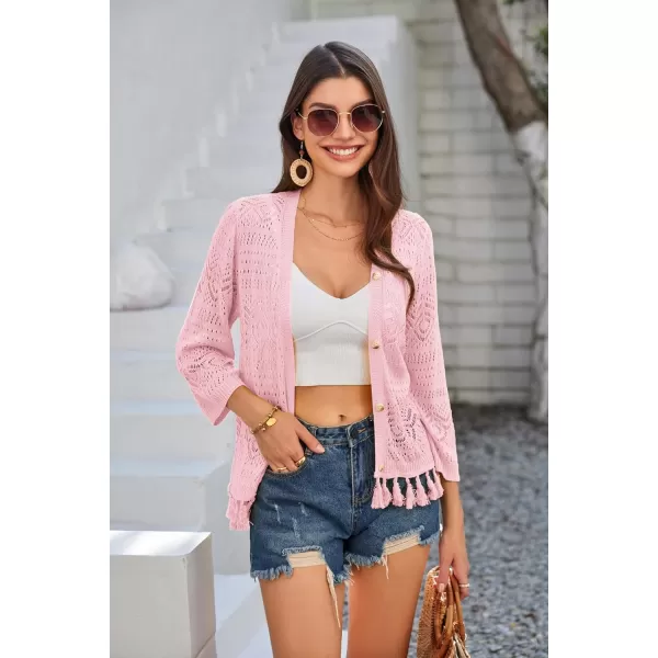 GRACE KARIN Women Fringed Cardigan 2024 Boho Hollowed Out Crochet Knit Shrug 34 Sleeve VNeck Cardigan Top with ButtonPink