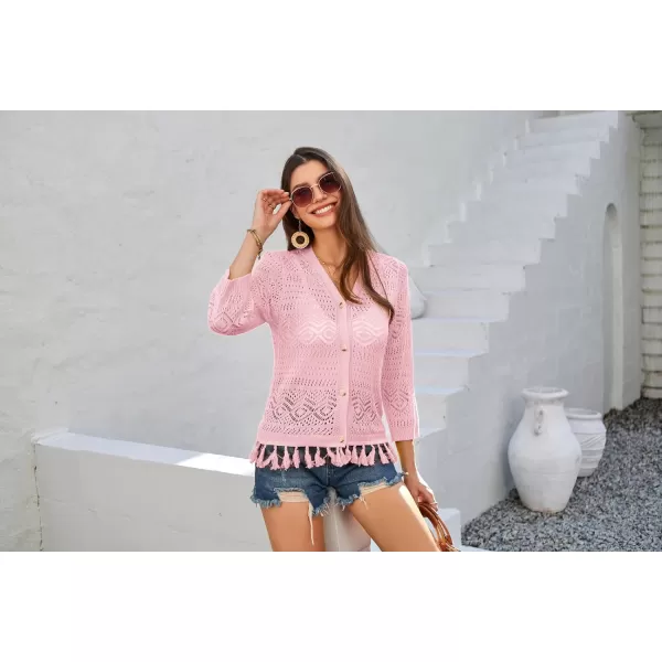 GRACE KARIN Women Fringed Cardigan 2024 Boho Hollowed Out Crochet Knit Shrug 34 Sleeve VNeck Cardigan Top with ButtonPink