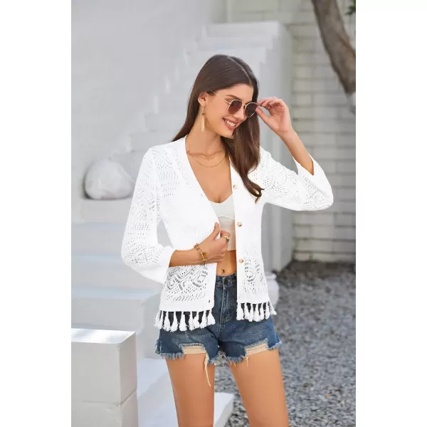 GRACE KARIN Women Fringed Cardigan 2024 Boho Hollowed Out Crochet Knit Shrug 34 Sleeve VNeck Cardigan Top with ButtonWhite