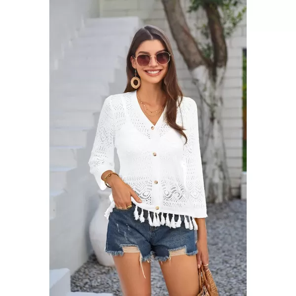 GRACE KARIN Women Fringed Cardigan 2024 Boho Hollowed Out Crochet Knit Shrug 34 Sleeve VNeck Cardigan Top with ButtonWhite