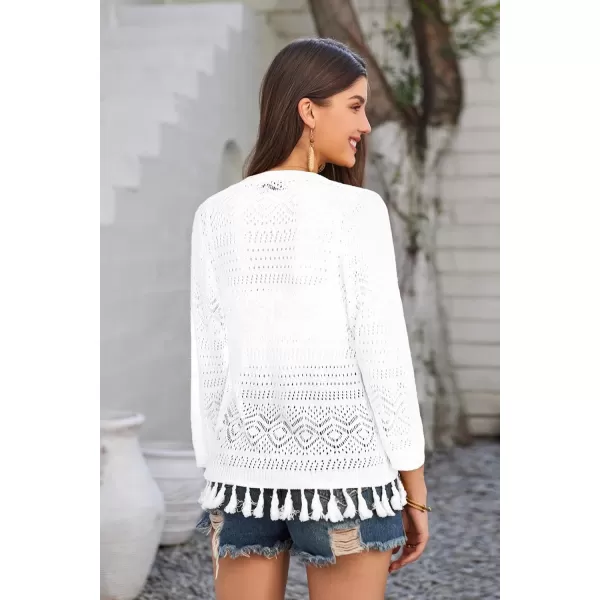 GRACE KARIN Women Fringed Cardigan 2024 Boho Hollowed Out Crochet Knit Shrug 34 Sleeve VNeck Cardigan Top with ButtonWhite