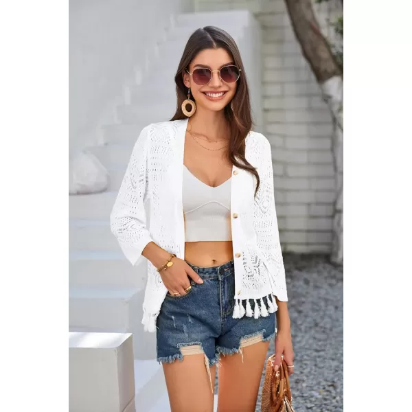 GRACE KARIN Women Fringed Cardigan 2024 Boho Hollowed Out Crochet Knit Shrug 34 Sleeve VNeck Cardigan Top with ButtonWhite