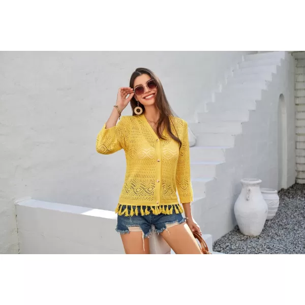 GRACE KARIN Women Fringed Cardigan 2024 Boho Hollowed Out Crochet Knit Shrug 34 Sleeve VNeck Cardigan Top with ButtonYellow