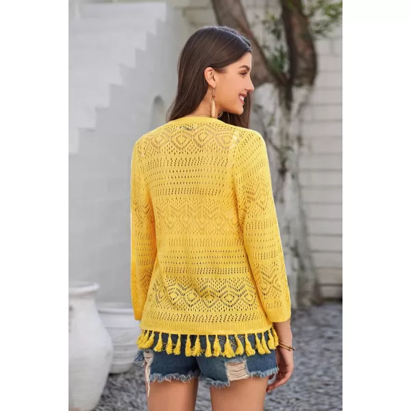 GRACE KARIN Women Fringed Cardigan 2024 Boho Hollowed Out Crochet Knit Shrug 34 Sleeve VNeck Cardigan Top with ButtonYellow