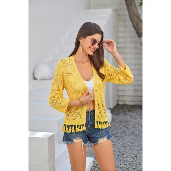 GRACE KARIN Women Fringed Cardigan 2024 Boho Hollowed Out Crochet Knit Shrug 34 Sleeve VNeck Cardigan Top with ButtonYellow