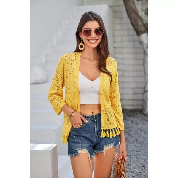 GRACE KARIN Women Fringed Cardigan 2024 Boho Hollowed Out Crochet Knit Shrug 34 Sleeve VNeck Cardigan Top with ButtonYellow