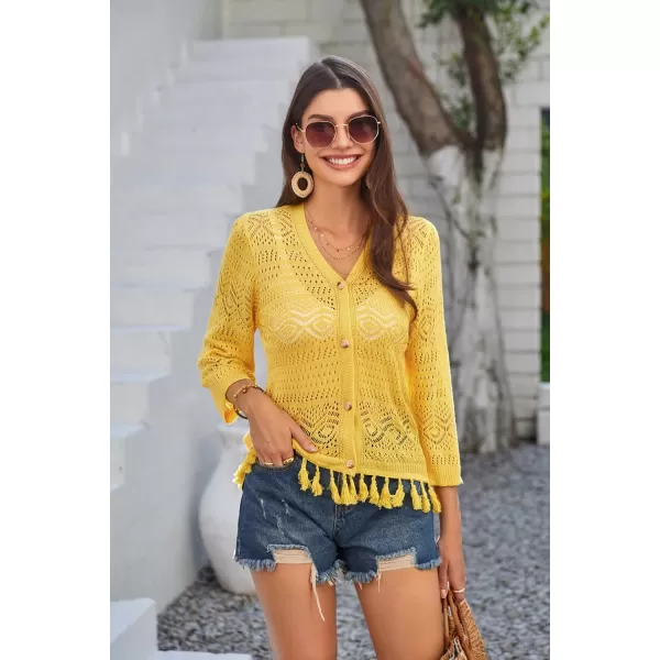 GRACE KARIN Women Fringed Cardigan 2024 Boho Hollowed Out Crochet Knit Shrug 34 Sleeve VNeck Cardigan Top with ButtonYellow