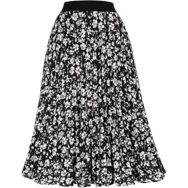 GRACE KARIN Women High Elastic Waist Pleated Chiffon Skirt Midi Swing Aline SkirtsBlackwhite Floral