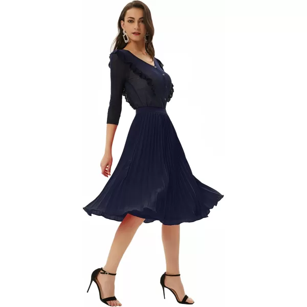 GRACE KARIN Women High Elastic Waist Pleated Chiffon Skirt Midi Swing Aline SkirtsDark Navy