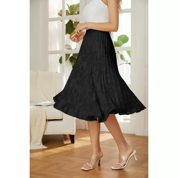 GRACE KARIN Women High Elastic Waist Pleated Chiffon Skirt Midi Swing Aline SkirtsFloral Lace Black