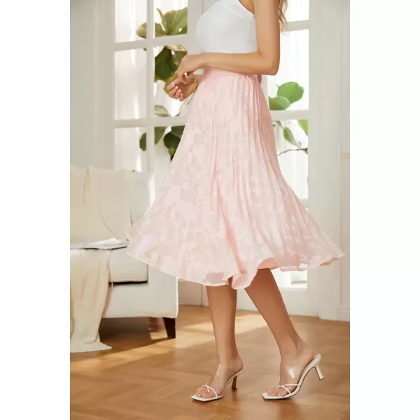 GRACE KARIN Women High Elastic Waist Pleated Chiffon Skirt Midi Swing Aline SkirtsFloral Lace Light Pink