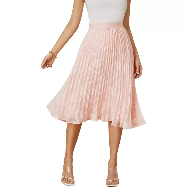 GRACE KARIN Women High Elastic Waist Pleated Chiffon Skirt Midi Swing Aline SkirtsFloral Lace Light Pink