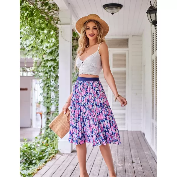 GRACE KARIN Women High Elastic Waist Pleated Chiffon Skirt Midi Swing Aline SkirtsRose Floral