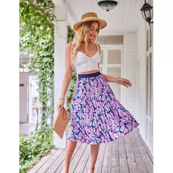 GRACE KARIN Women High Elastic Waist Pleated Chiffon Skirt Midi Swing Aline SkirtsRose Floral