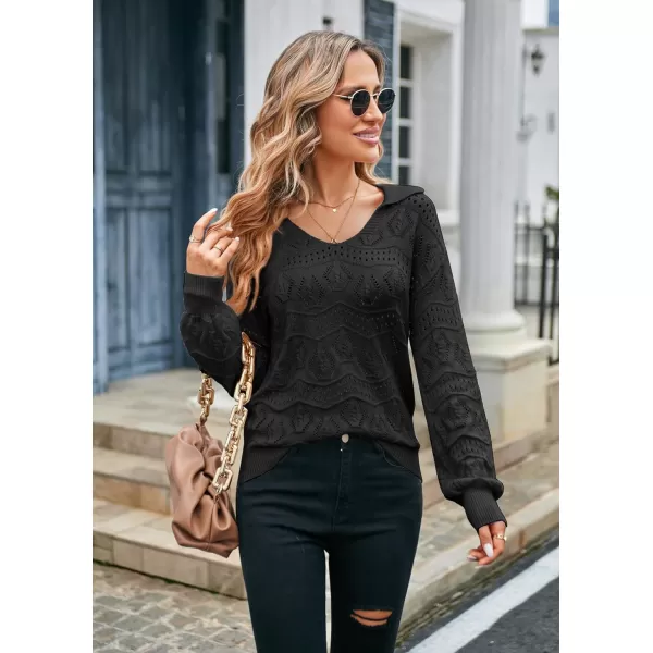 GRACE KARIN Women Hollow Out Sweater Lapel Collar VNeck Long Sleeve Knitwear Casual Pullover Sweater Jumper TopBlack