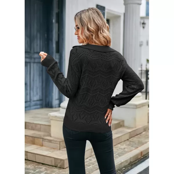 GRACE KARIN Women Hollow Out Sweater Lapel Collar VNeck Long Sleeve Knitwear Casual Pullover Sweater Jumper TopBlack