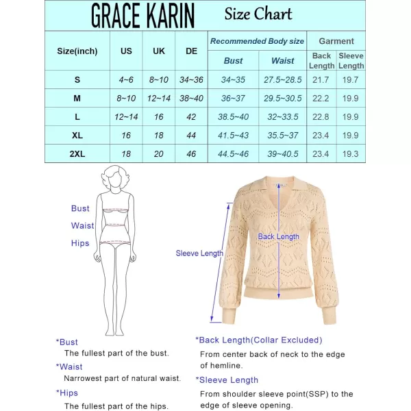 GRACE KARIN Women Hollow Out Sweater Lapel Collar VNeck Long Sleeve Knitwear Casual Pullover Sweater Jumper TopBlack