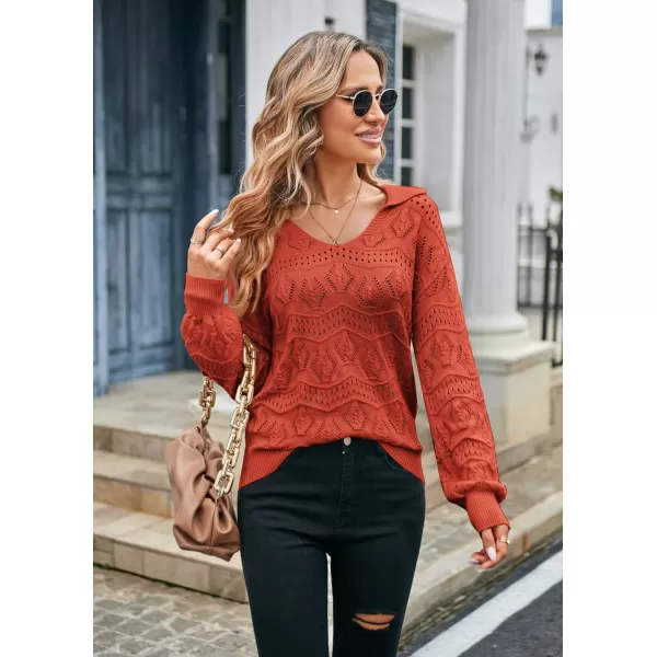 GRACE KARIN Women Hollow Out Sweater Lapel Collar VNeck Long Sleeve Knitwear Casual Pullover Sweater Jumper TopBurnt Orange