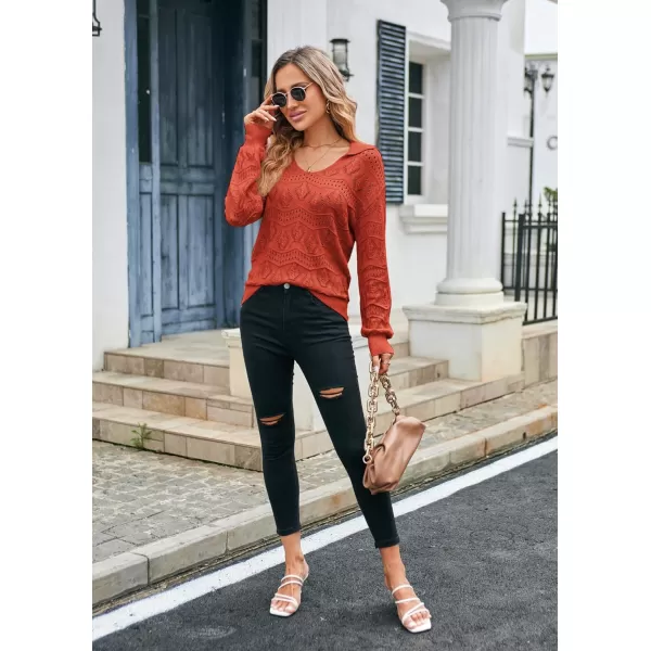 GRACE KARIN Women Hollow Out Sweater Lapel Collar VNeck Long Sleeve Knitwear Casual Pullover Sweater Jumper TopBurnt Orange