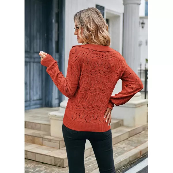 GRACE KARIN Women Hollow Out Sweater Lapel Collar VNeck Long Sleeve Knitwear Casual Pullover Sweater Jumper TopBurnt Orange