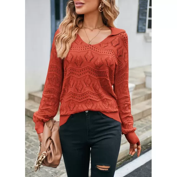 GRACE KARIN Women Hollow Out Sweater Lapel Collar VNeck Long Sleeve Knitwear Casual Pullover Sweater Jumper TopBurnt Orange