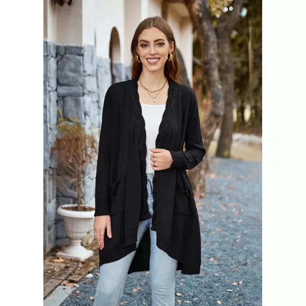 GRACE KARIN Women Long Cardigan Sweater Open Applique Front Cable Knitted Outfit with Patch Pockets Irregular HemBlack