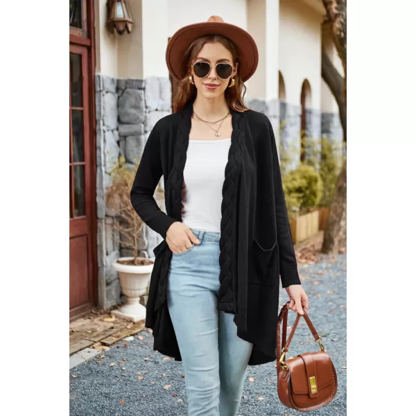 GRACE KARIN Women Long Cardigan Sweater Open Applique Front Cable Knitted Outfit with Patch Pockets Irregular HemBlack