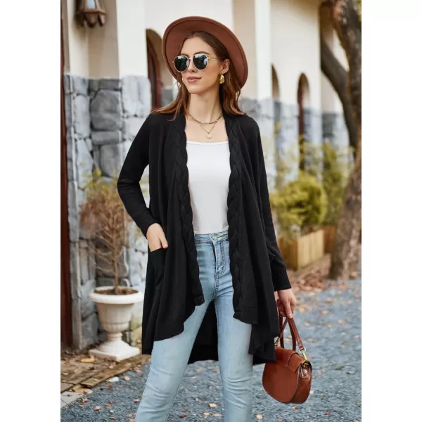 GRACE KARIN Women Long Cardigan Sweater Open Applique Front Cable Knitted Outfit with Patch Pockets Irregular HemBlack