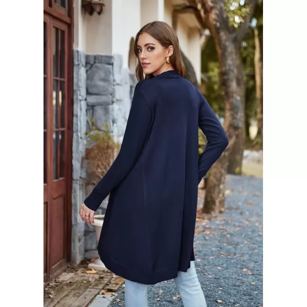 GRACE KARIN Women Long Cardigan Sweater Open Applique Front Cable Knitted Outfit with Patch Pockets Irregular HemDark Blue