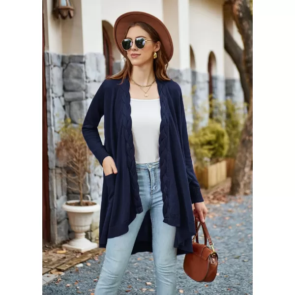 GRACE KARIN Women Long Cardigan Sweater Open Applique Front Cable Knitted Outfit with Patch Pockets Irregular HemDark Blue