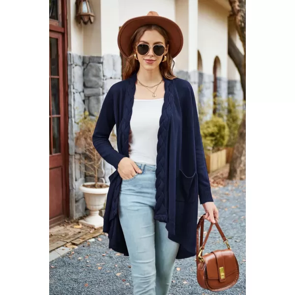 GRACE KARIN Women Long Cardigan Sweater Open Applique Front Cable Knitted Outfit with Patch Pockets Irregular HemDark Blue